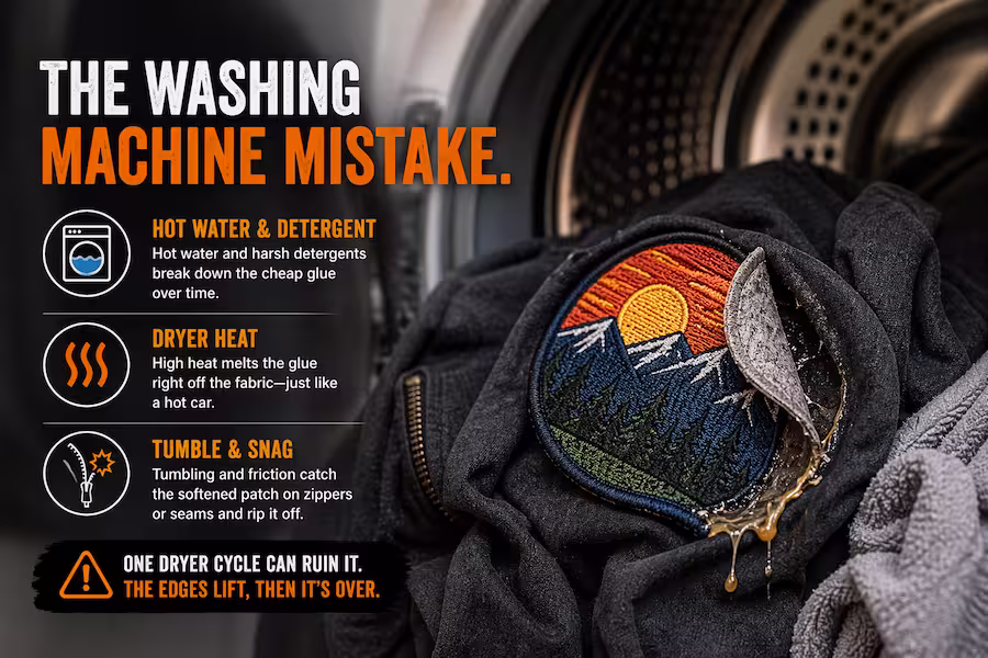 An iron-on patch peeling off clothing inside a washing machine due to hot water, detergent, and dryer heat.