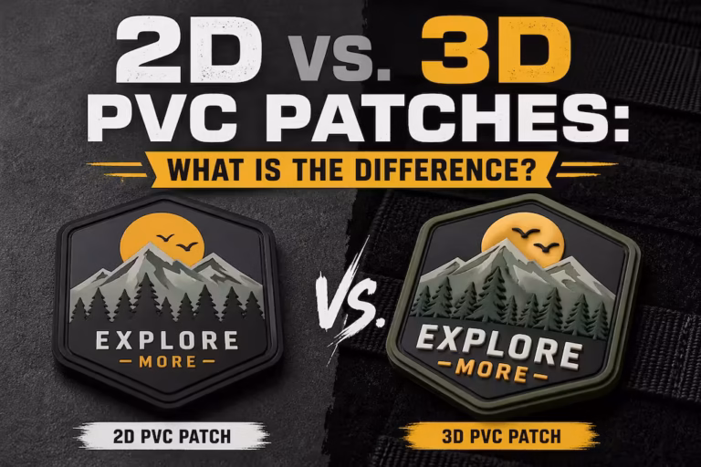 Side-by-side visual comparison of a 2D and a 3D custom PVC patch featuring a mountain design.