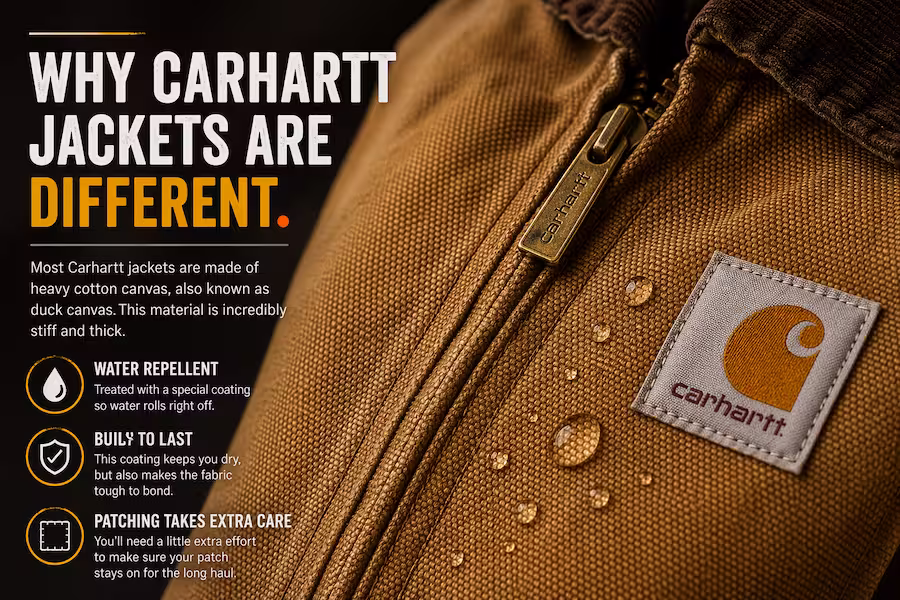 Infographic showing water-repellent Carhartt duck canvas jacket and its durable fabric benefits.