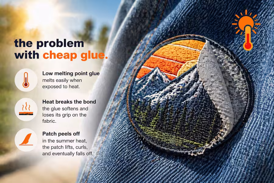 Infographic showing how cheap, low-melting-point glue causes an iron-on patch to peel off a denim jacket.