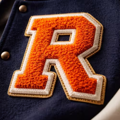 Close-up of a fuzzy moss-stitch chenille letter patch on a navy wool jacket.