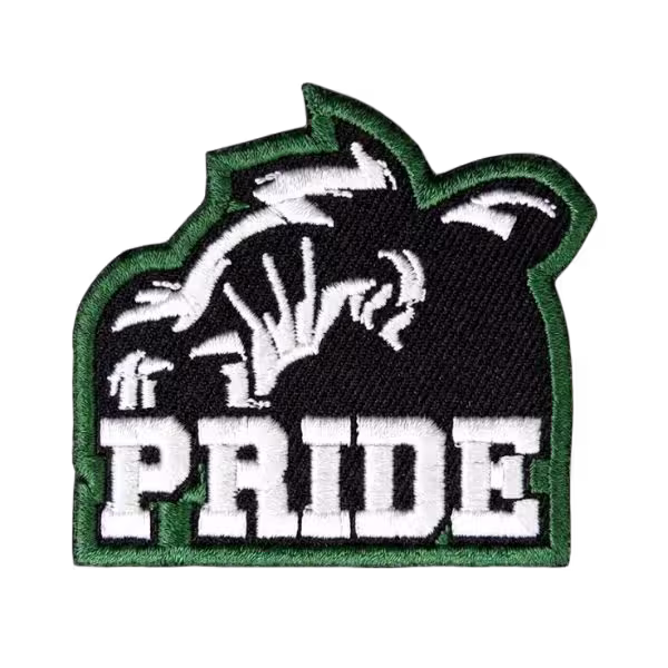 High-density custom embroidered patch with raised white thread on a black twill substrate.