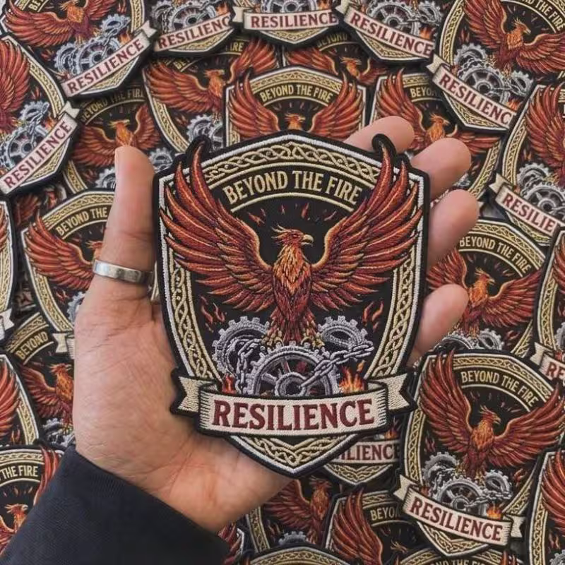 Hand holding a heavy-duty custom embroidered patch featuring gears and fire, over a bulk production run at our Houston factory.