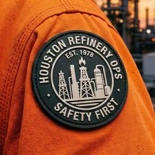Industrial custom rubber patch for Houston refinery operations on a high-vis orange jacket.