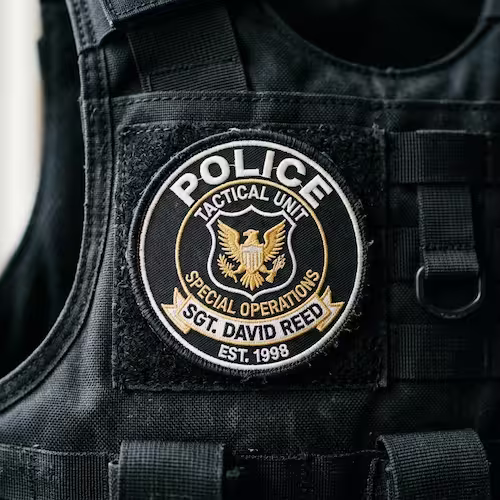 High-density custom embroidered police tactical patch on a black Cordura vest.