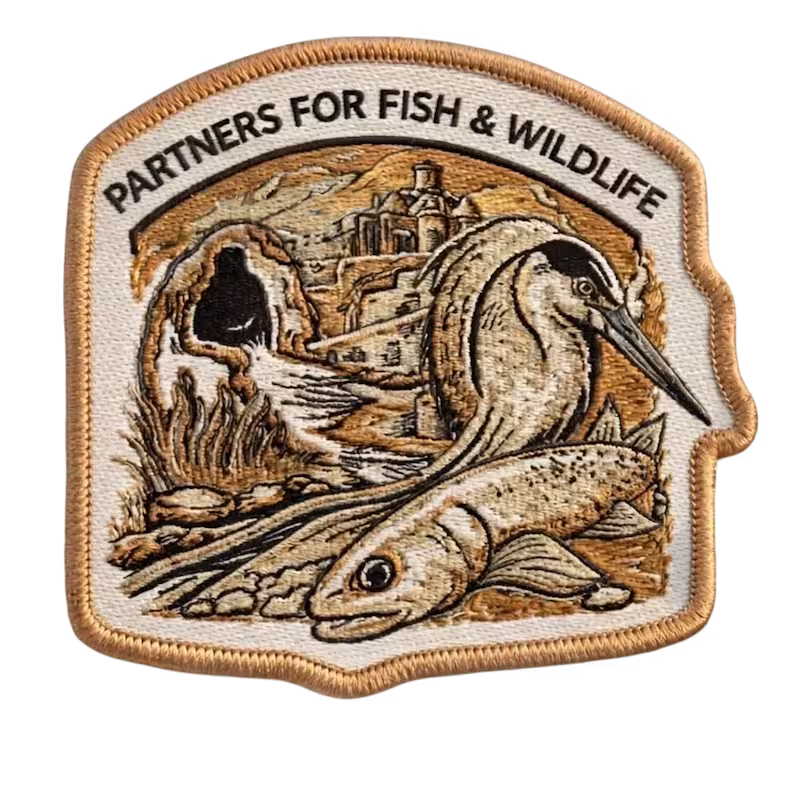 Intricate custom woven patch with a tan merrowed edge.