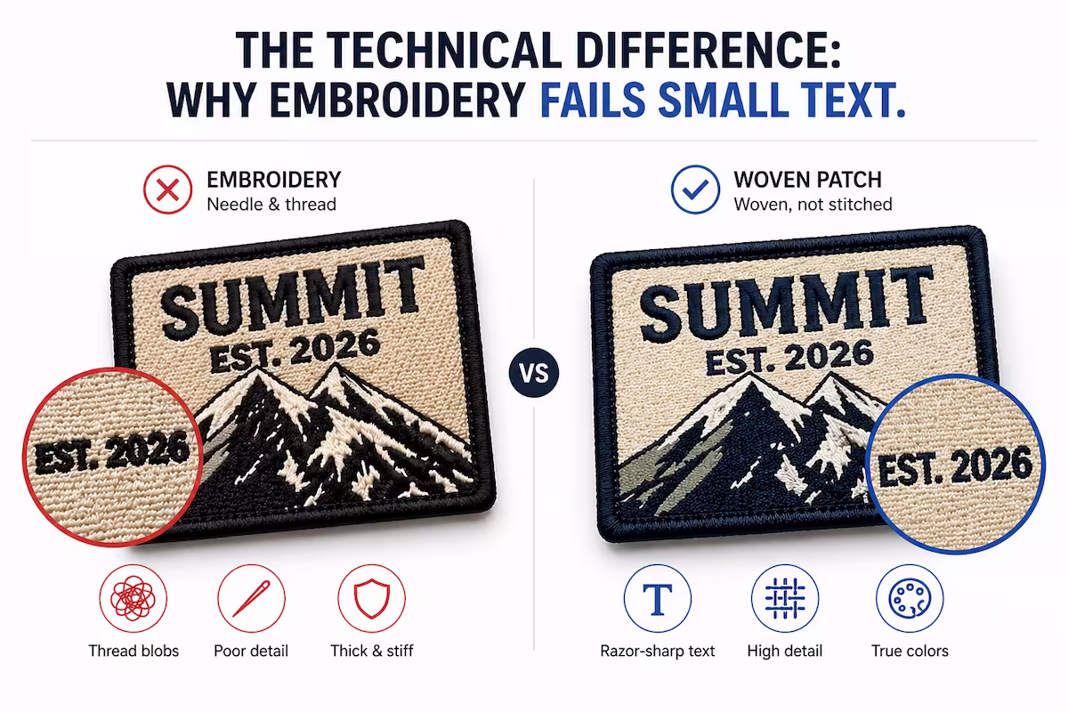 Comparison graphic showing how woven patches provide sharper detail for small text than traditional embroidered patches.