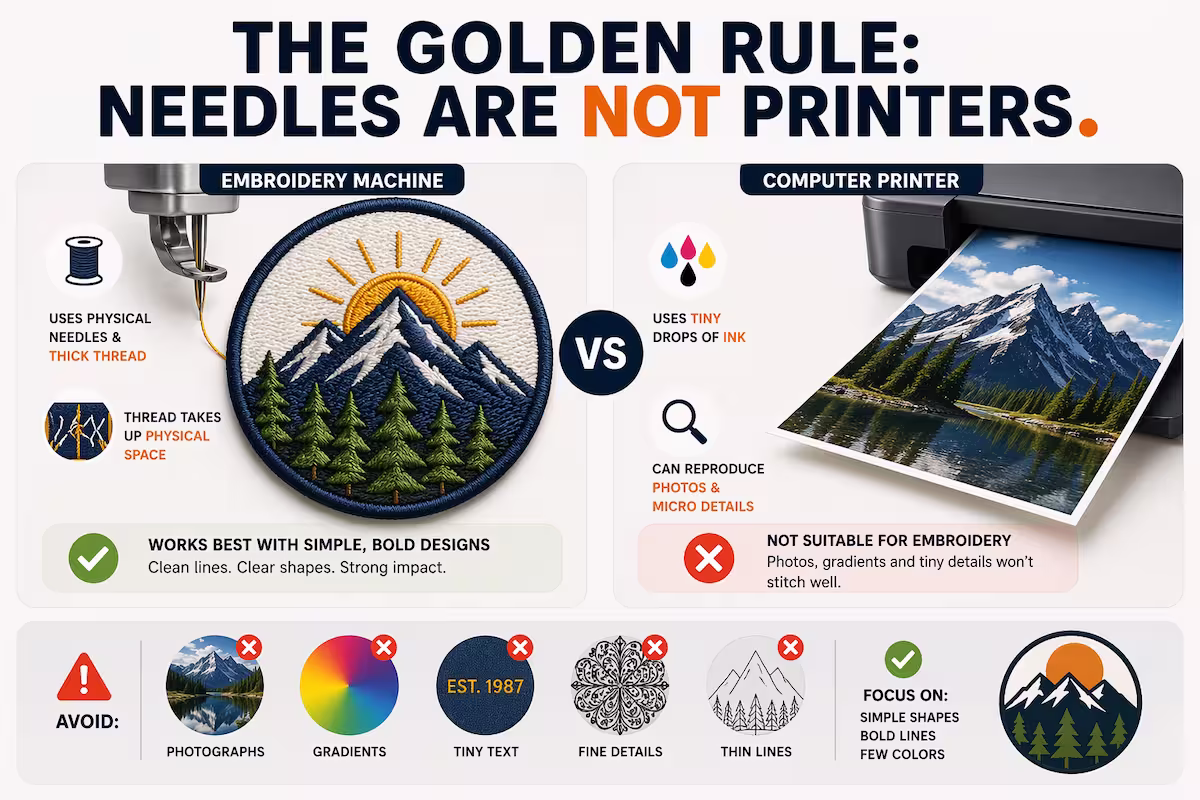 technical comparison showing that embroidery uses physical thread and needles, requiring simpler designs than ink-on-paper printing.