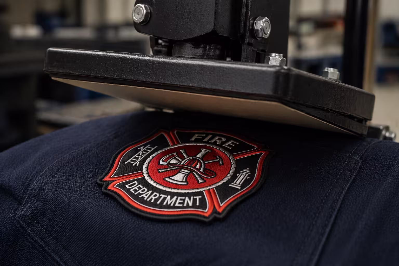 Close-up of a heat press machine applying a patch to fire-retardant clothing.