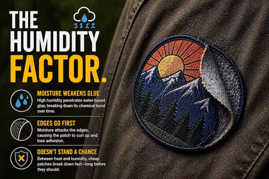 Infographic explaining how heavy humidity and moisture break down cheap water-based glue, causing iron-on patches to peel.