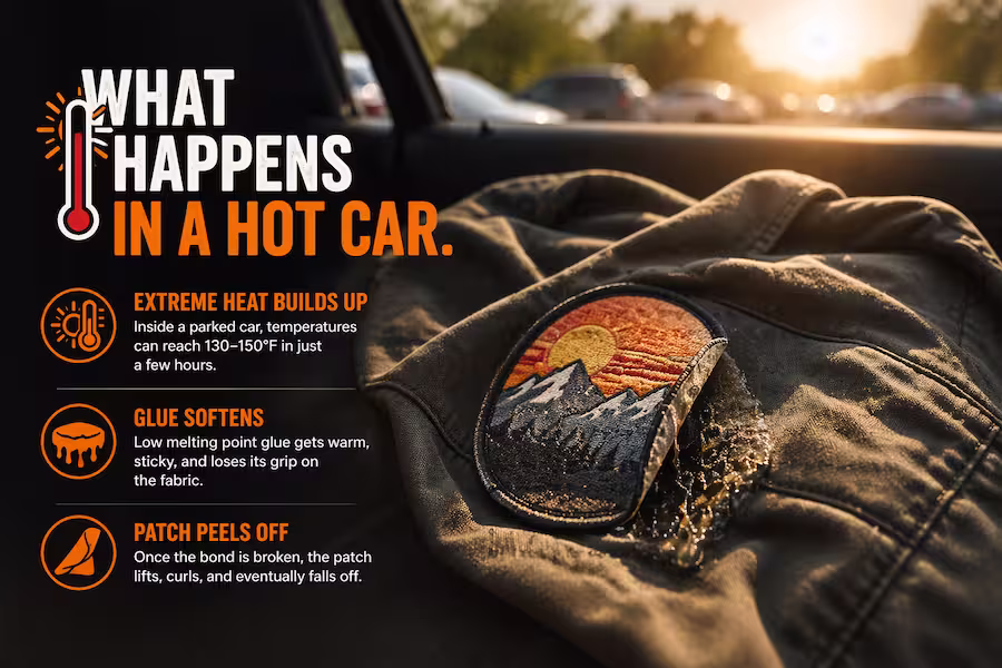 A custom patch peeling off a jacket inside a hot car because extreme heat softens cheap iron-on glue.