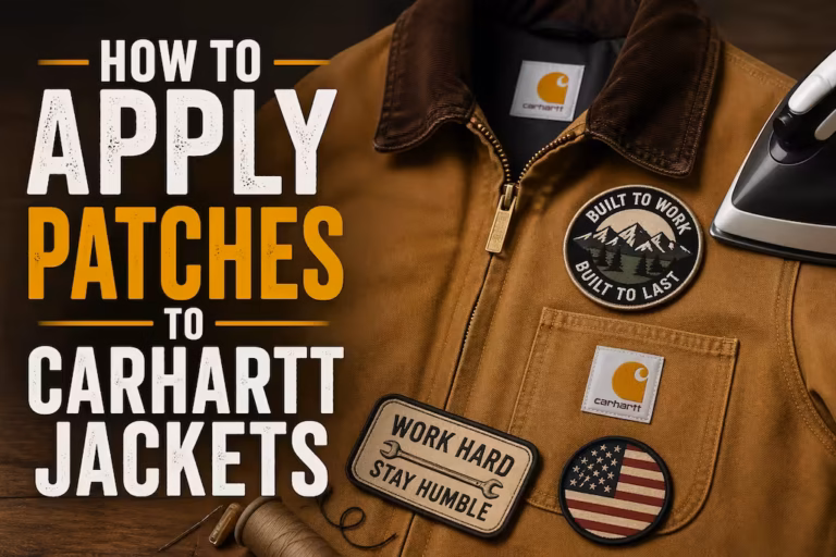 Tutorial for applying iron-on and sew-on patches to a brown Carhartt work jacket.
