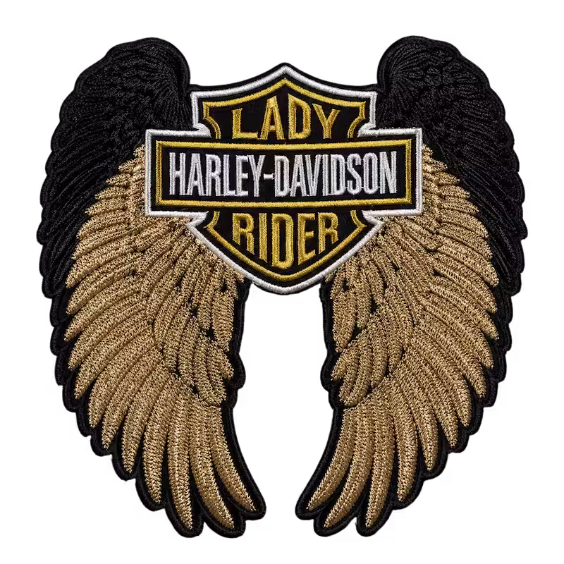 Lady Harley-Davidson Rider embroidered patch featuring a classic shield logo surrounded by large gold wings.