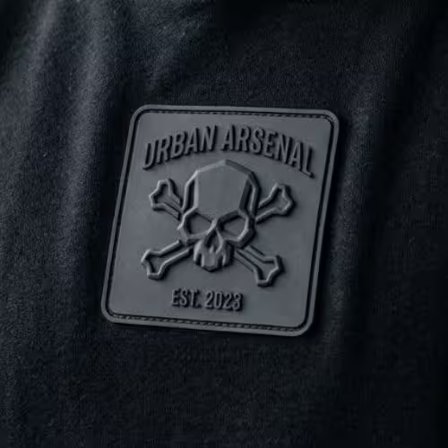 Premium matte black custom rubber logo patch on a heavyweight streetwear hoodie.