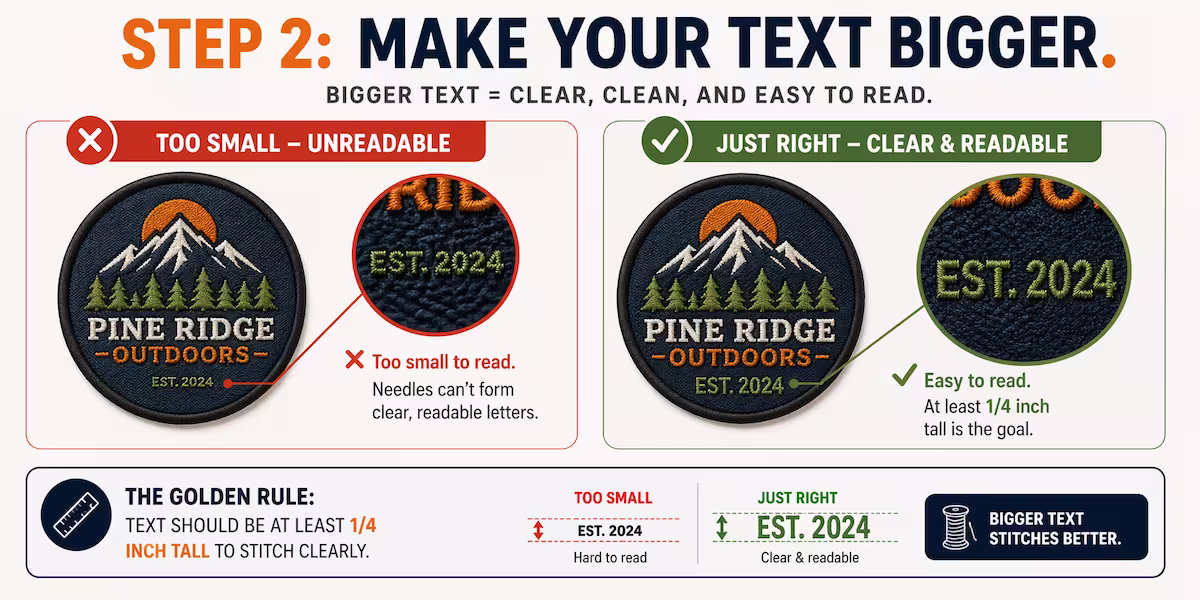 guide demonstrating that embroidery text must be at least 1/4 inch tall for the needle to form readable letters.