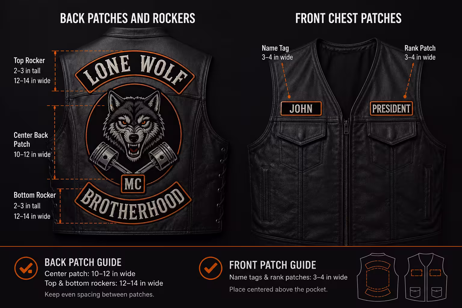 Infographic guide detailing standard sizes and placement for motorcycle club back patches, rockers, and front chest name tags.