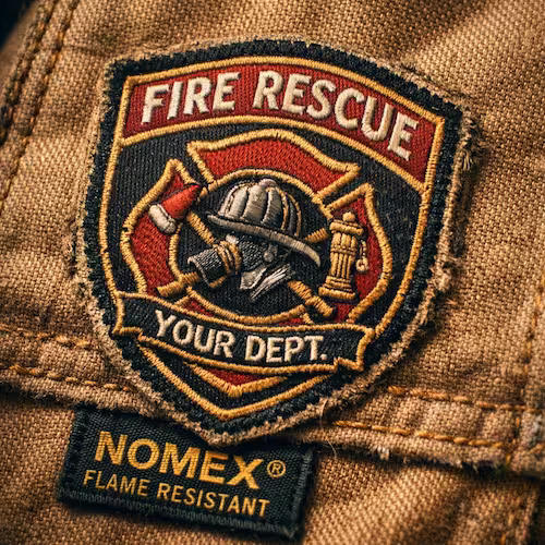 Macro shot of a Nomex® flame-resistant custom patch sewn onto industrial canvas.