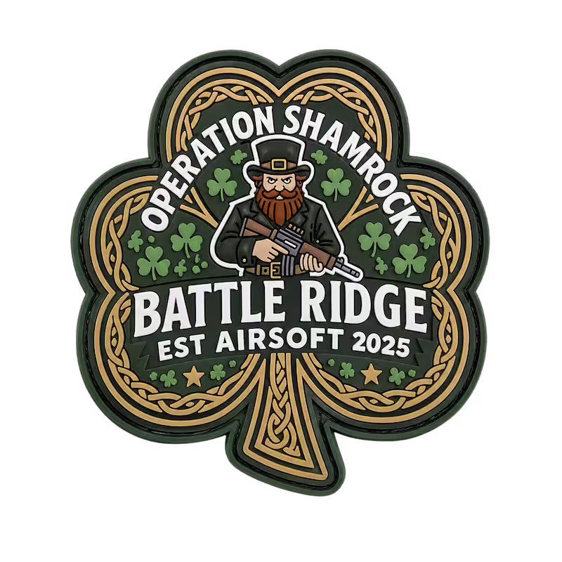 Shamrock-shaped 3D PVC airsoft patch featuring a bearded leprechaun holding a rifle surrounded by Celtic borders.