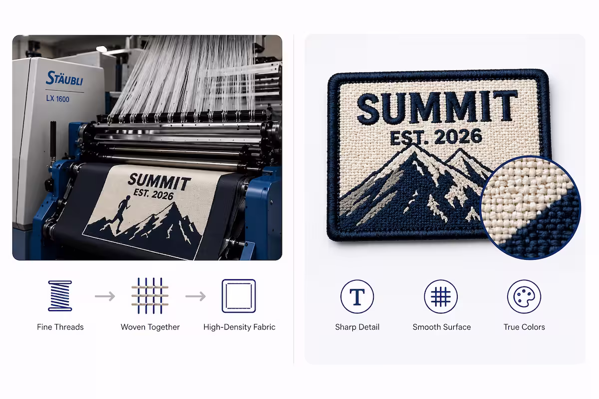 Graphic showing the woven patch manufacturing process on a loom and the finished patch's high-density texture.