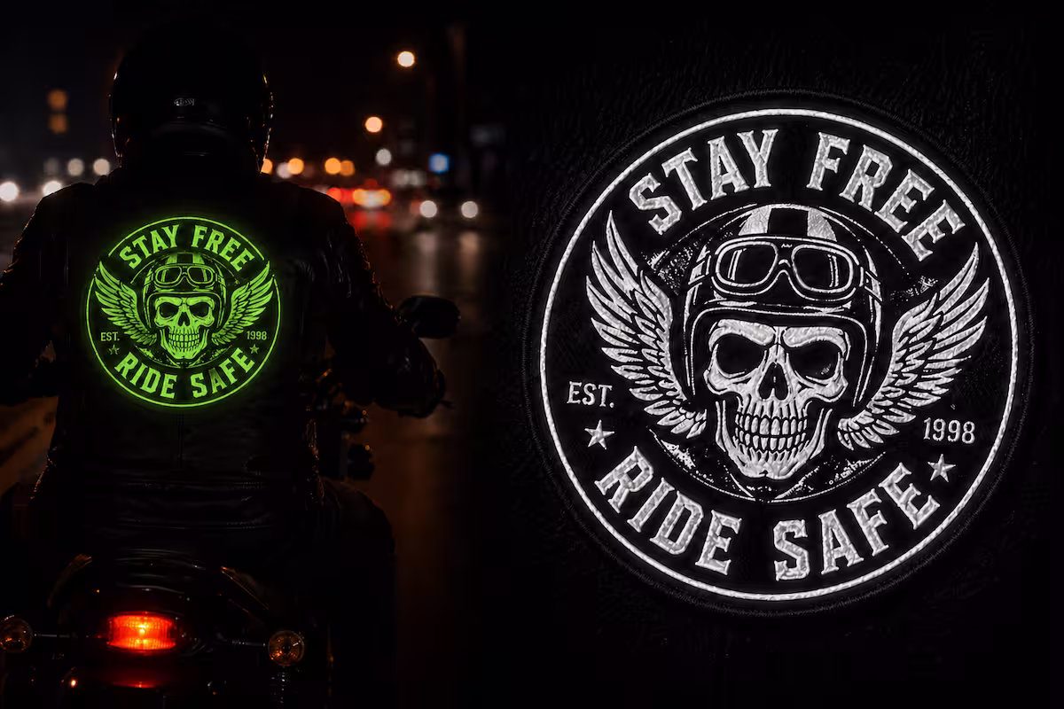 Stay Free Ride Safe winged skull back patch, shown glowing green on a rider's jacket at night.