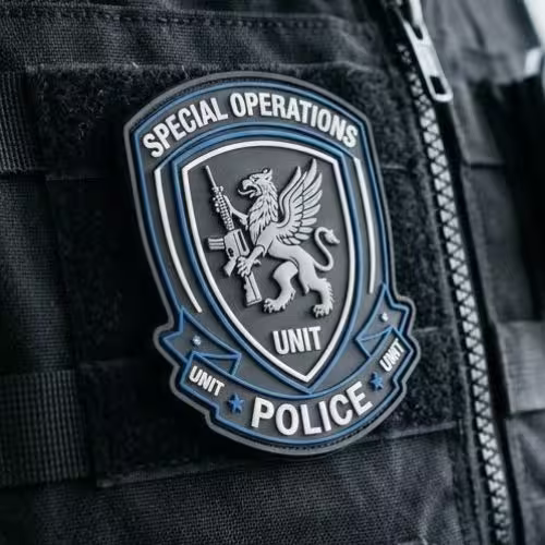 3D molded tactical police unit PVC patch applied to a black Cordura uniform vest.