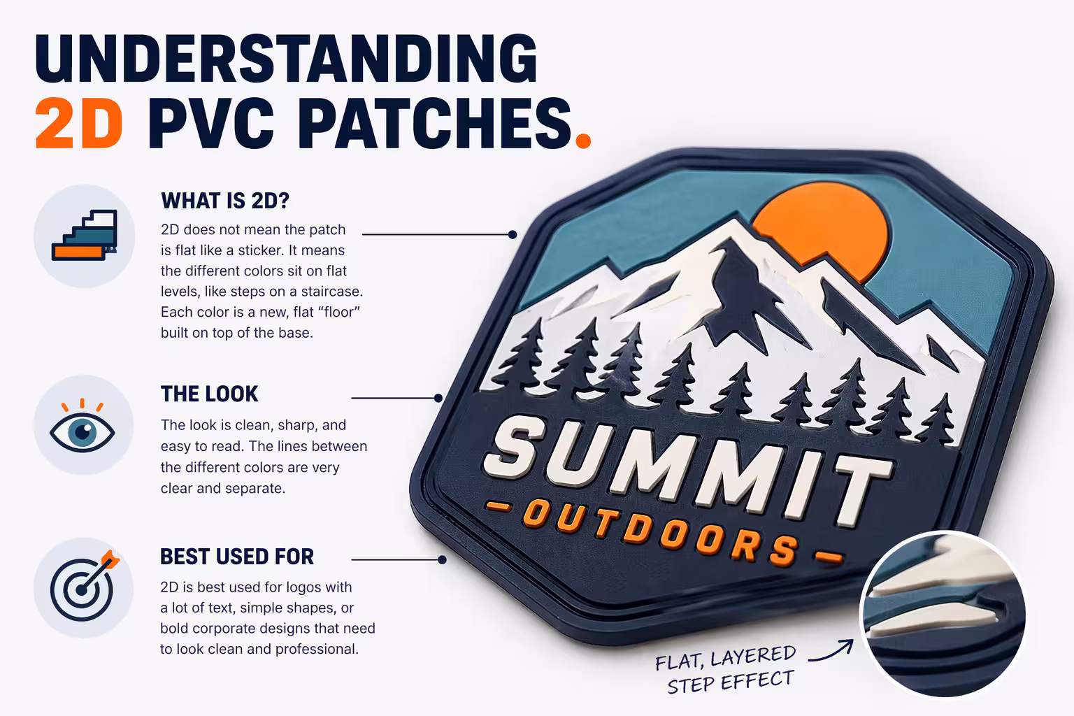 Infographic explaining 2D PVC patches, highlighting their flat, layered step effect, clean look, and best uses.
