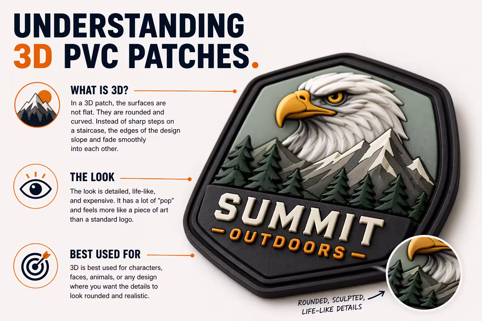 Infographic explaining 3D PVC patches, showcasing their rounded, sculpted, life-like details and best uses for complex artwork.