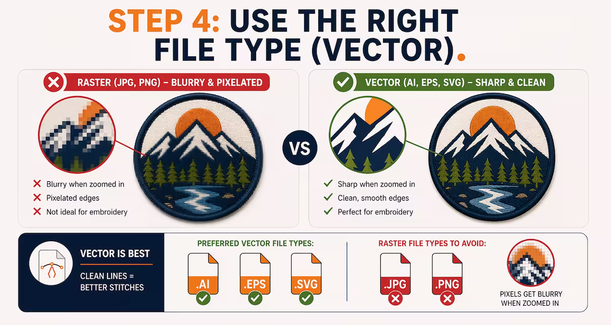visual proof showing why sharp vector files (.ai, .eps) produce better embroidery results than blurry, pixelated raster images.