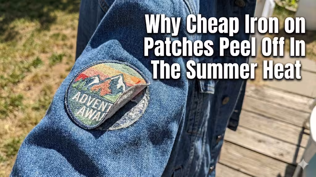 A denim jacket outdoors in the summer sun showing a cheap iron-on patch peeling off the sleeve.