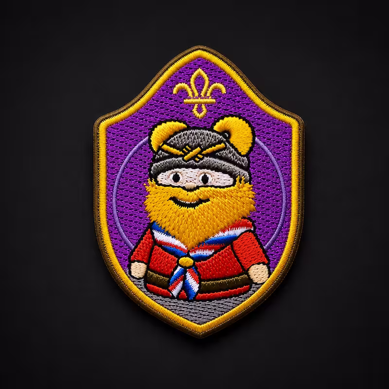 Purple shield-shaped embroidered patch featuring a bearded scout character in a red jacket and fleur-de-lis symbol.
