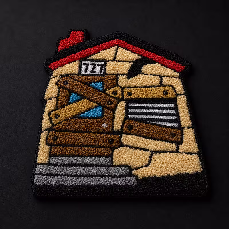 Custom chenille patch shaped like a boarded up house with a red roof and number 727