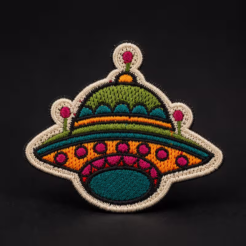 Custom embroidered patch shaped like a colorful retro flying saucer with green orange and pink details.
