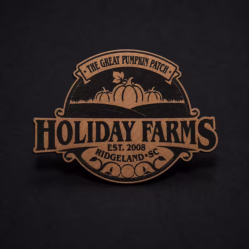 Custom-shaped brown leather patch featuring a pumpkin design for Holiday Farms in Ridgeland SC.
