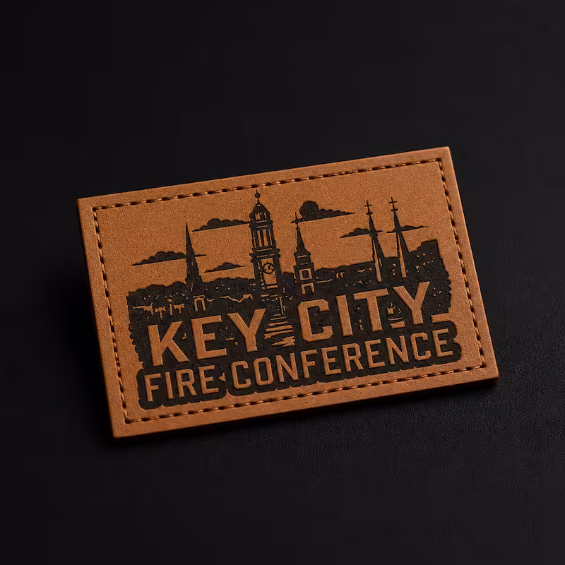 Rectangular brown leather patch engraved with a city skyline and Key City Fire Conference text.