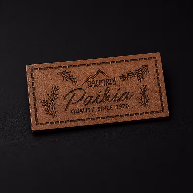 Rectangular embossed brown leather patch for Normani Outdoor Sports featuring the word Paihia and botanical elements.