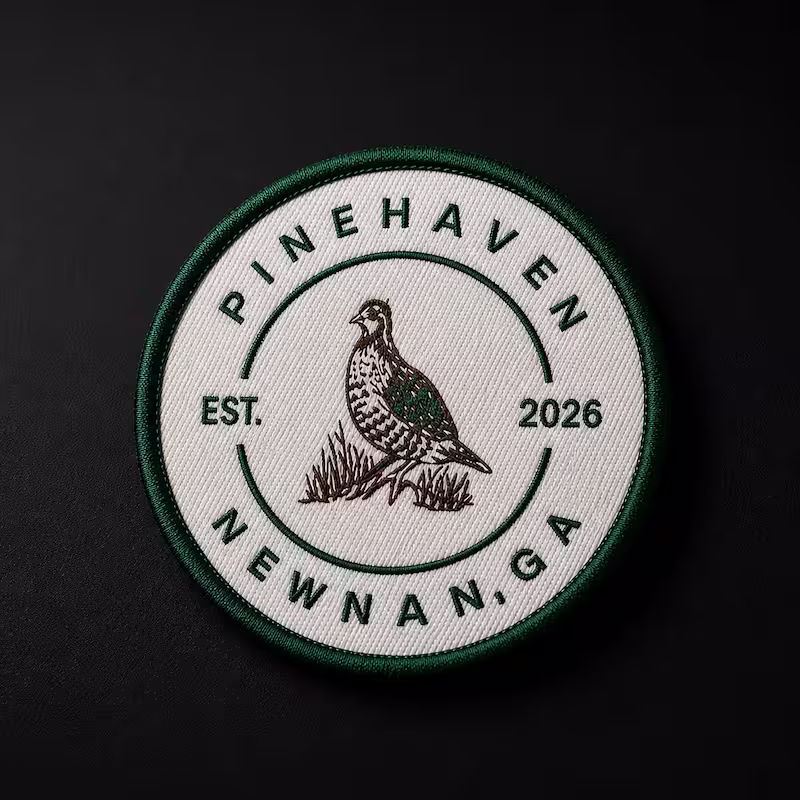 Circular woven patch with a quail bird and Pinehaven Newnan GA Est 2026 text in green