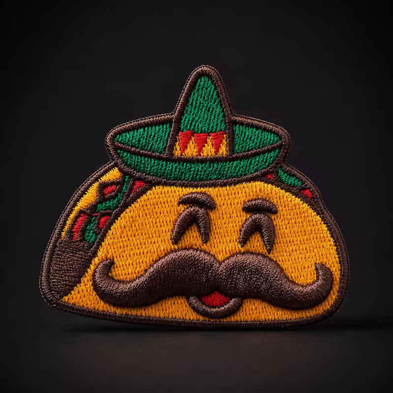 Custom embroidered patch of a smiling taco character wearing a green sombrero and a large brown mustache.