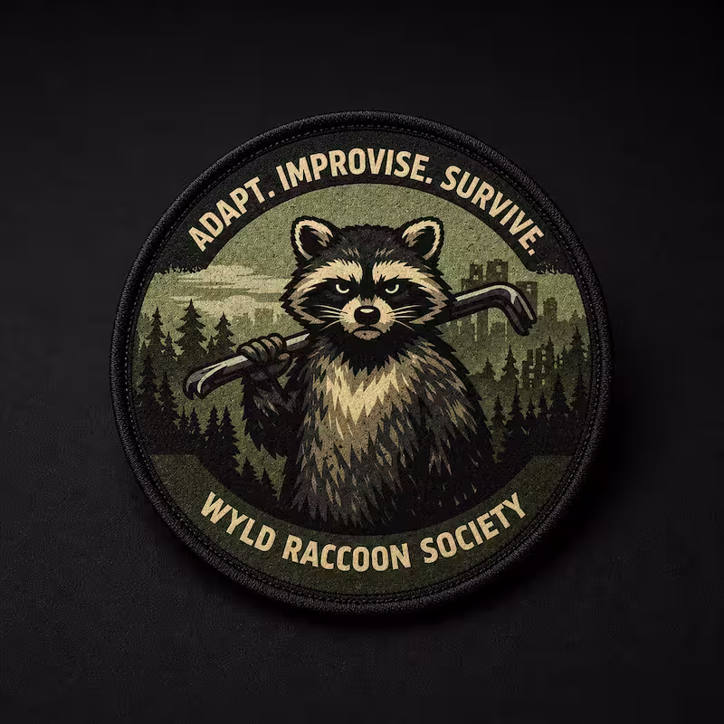 Circular printed patch featuring a raccoon holding a crowbar with Adapt Improvise Survive Wyld Raccoon Society text